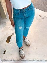 Mom Jeans Destroyed Blau