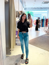 Cropped Bluse mit Knoten Schwarz