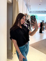 Cropped Bluse mit Knoten Schwarz