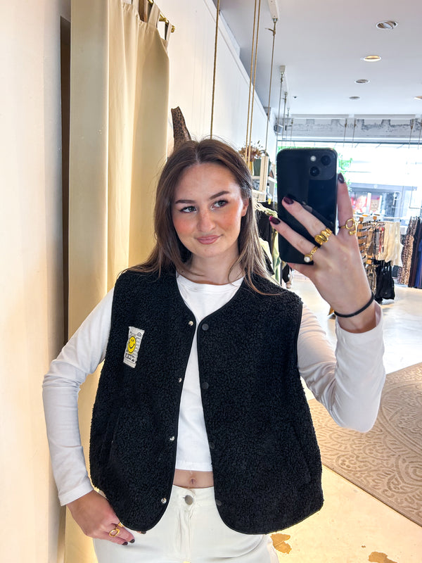 Kurze Teddy Weste mit Knopfleiste und Smiley Schwarz
