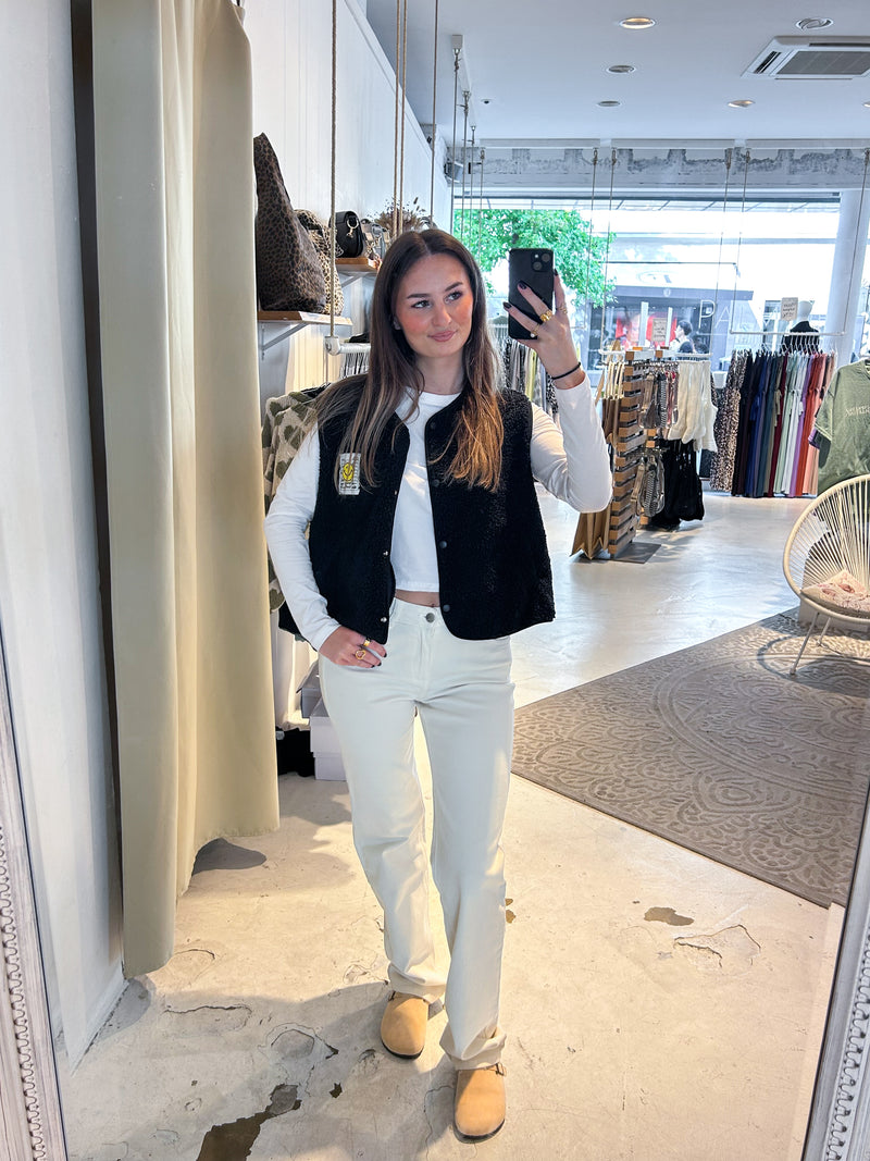 Kurze Teddy Weste mit Knopfleiste und Smiley Schwarz