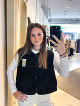 Kurze Teddy Weste mit Knopfleiste und Smiley Schwarz