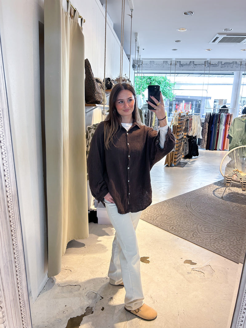 Kurze Waffle Bluse Braun