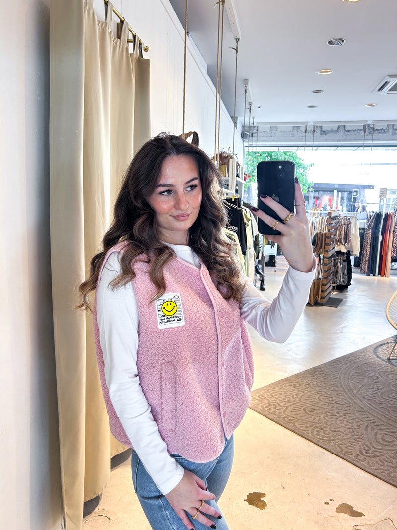 Kurze Teddy Weste mit Knopfleiste und Smiley Rosa