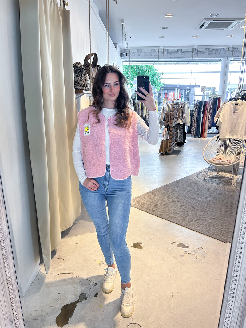 Kurze Teddy Weste mit Knopfleiste und Smiley Rosa