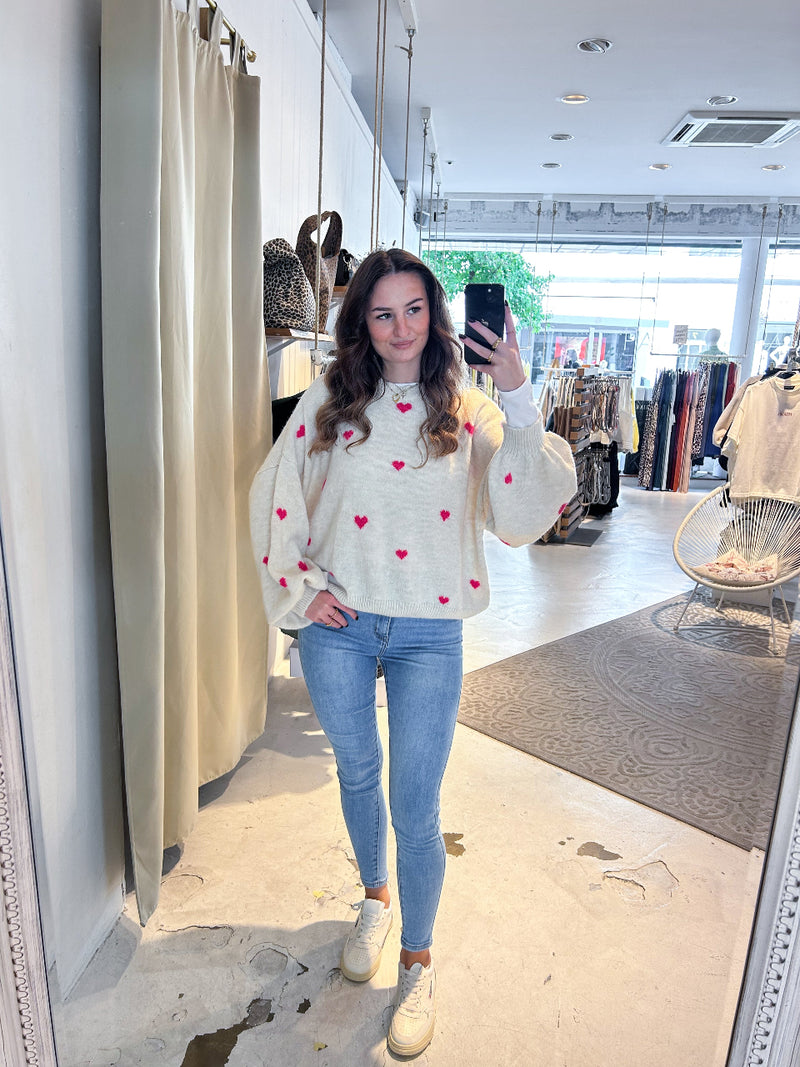 Oversized Strickpullover mit kleinen Herzen Beige/Pink