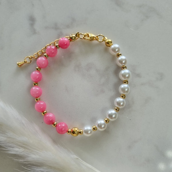 Beads By Brown Glas- und Naturstein Perlen Armband Hot Pink/Gold