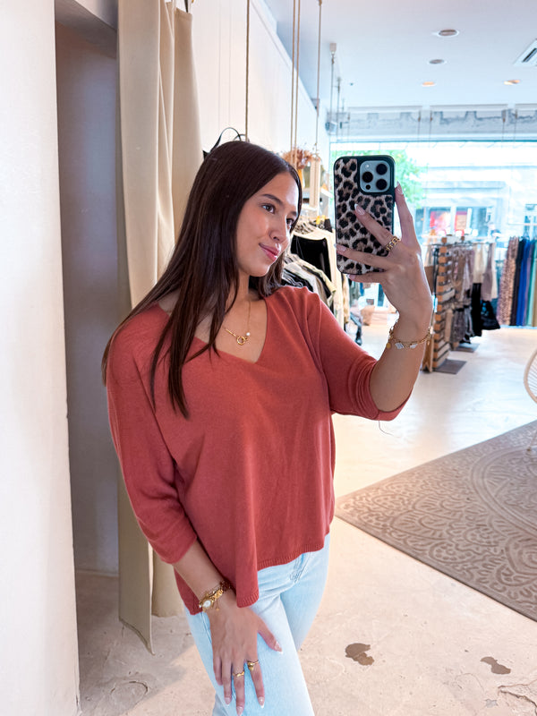 Dünner Strickpullover Terrakotta