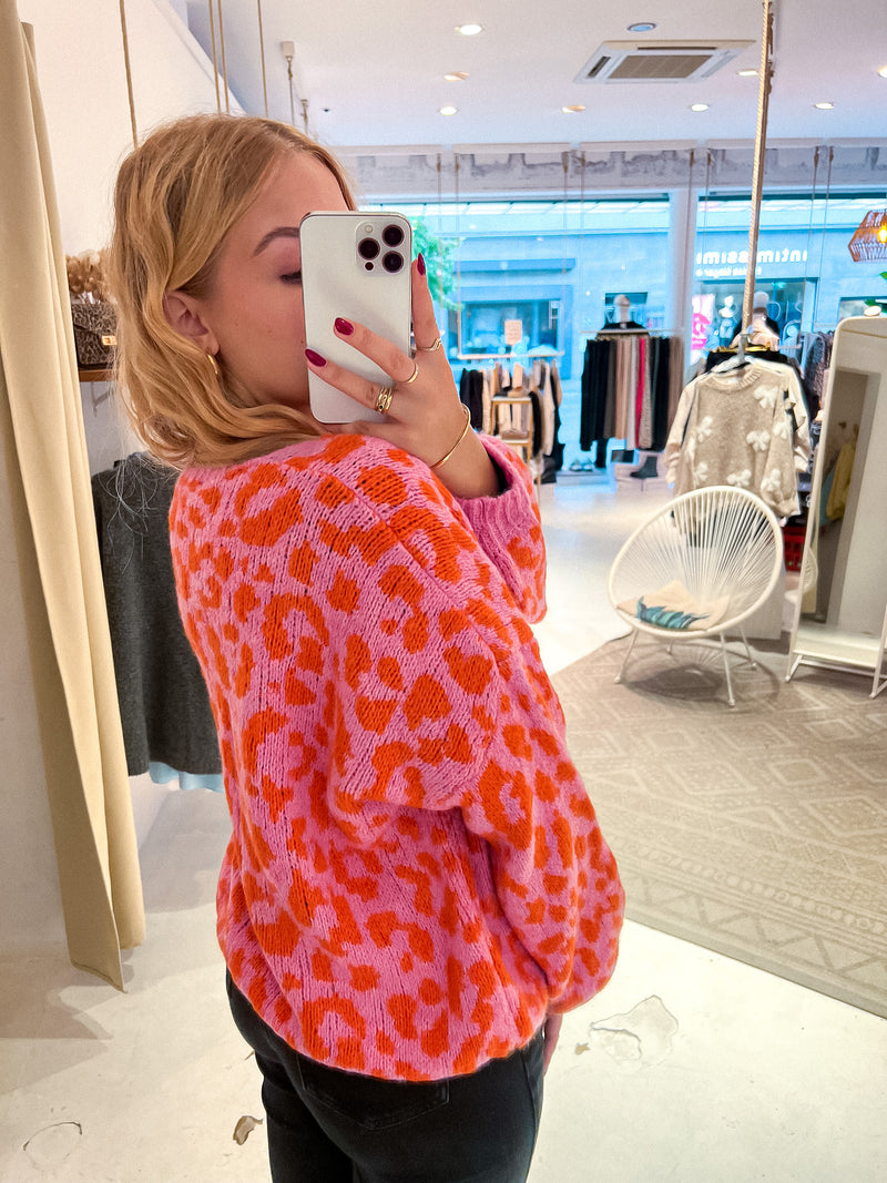 Cardigan mit Schleifen und Leomuster Pink/Orange