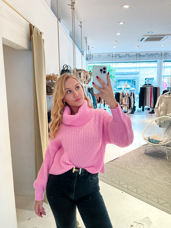 Cropped Strickpullover mit Rollkragen Pink