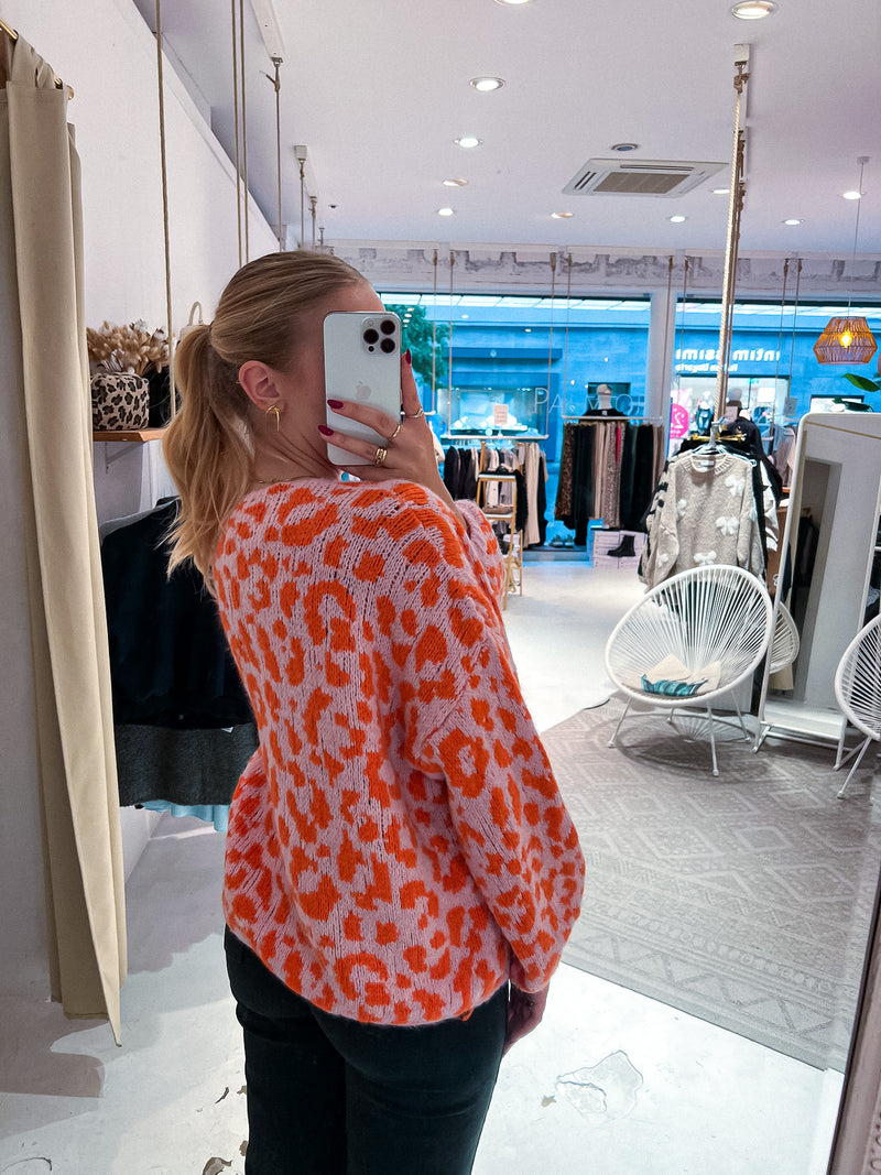 Cardigan mit Schleifen und Leomuster Rosa/Orange