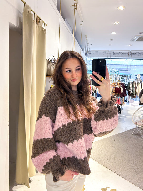 Strickpullover Gestreift mit Rüschen Hellbraun/Pink