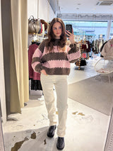 Strickpullover Gestreift mit Rüschen Hellbraun/Pink