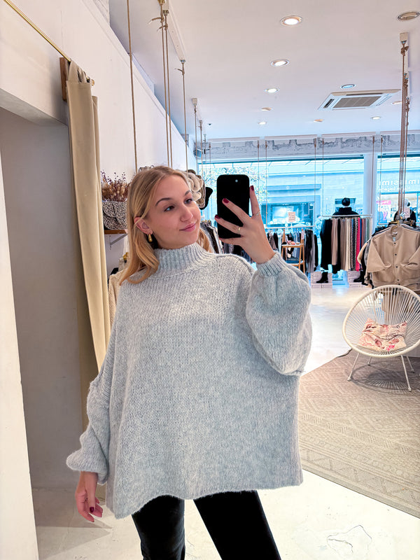 Oversized Strickpullover mit Stehkragen Hellgrau