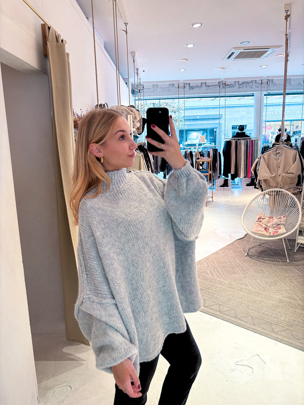 Oversized Strickpullover mit Stehkragen Hellgrau