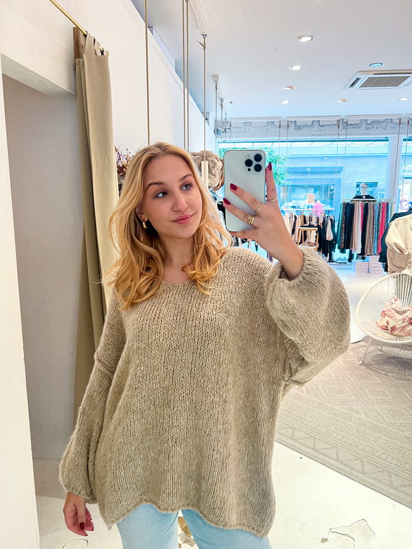 Oversized Strickpullover mit V-Ausschnitt Taupe