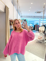 Oversized Strickpullover mit V-Ausschnitt Pink