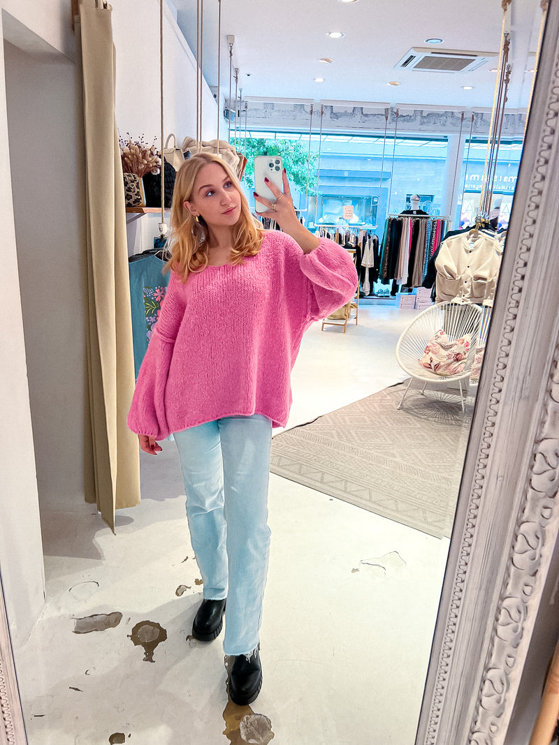 Oversized Strickpullover mit V-Ausschnitt Pink