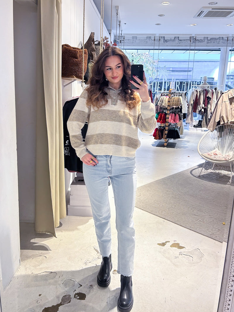 Gestreifter Strickpullover mit Kragen Taupe