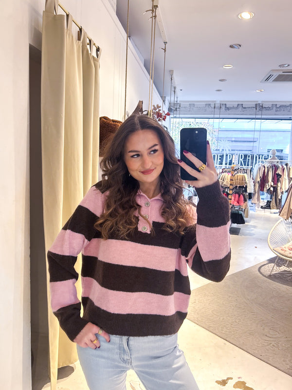 Gestreifter Strickpullover mit Kragen Braun/Rosa