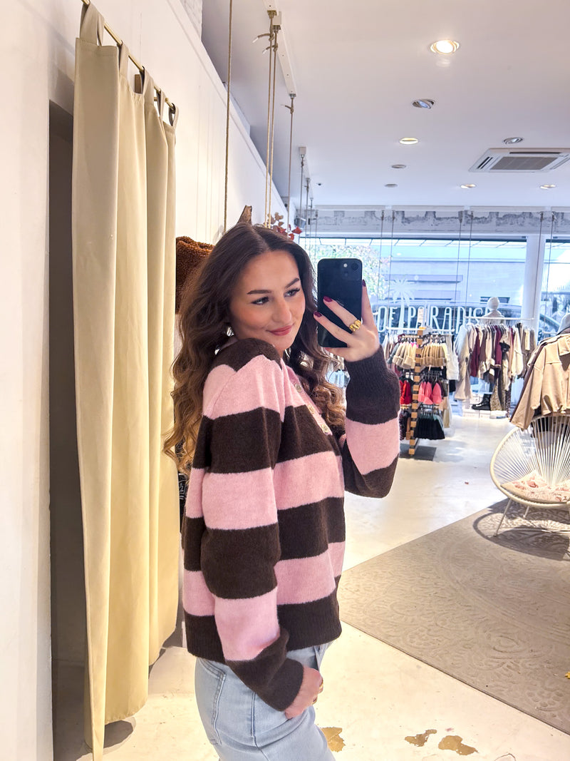 Gestreifter Strickpullover mit Kragen Braun/Rosa