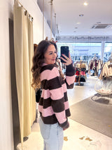 Gestreifter Strickpullover mit Kragen Braun/Rosa