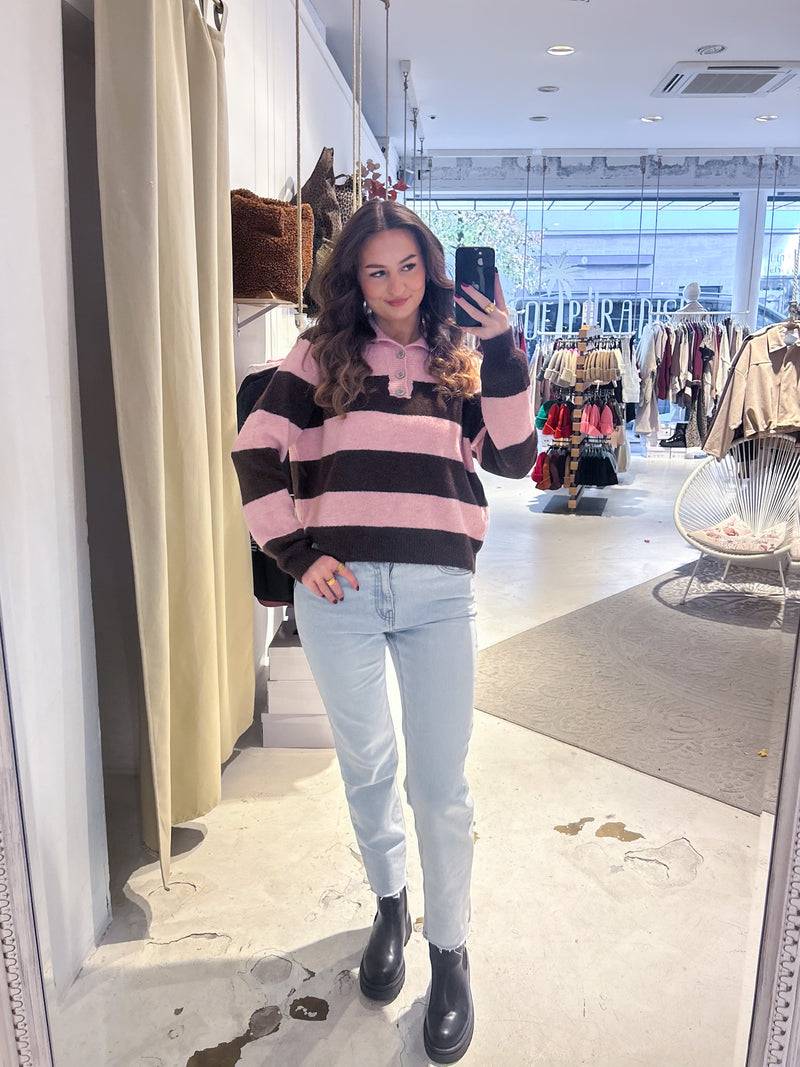 Gestreifter Strickpullover mit Kragen Braun/Rosa