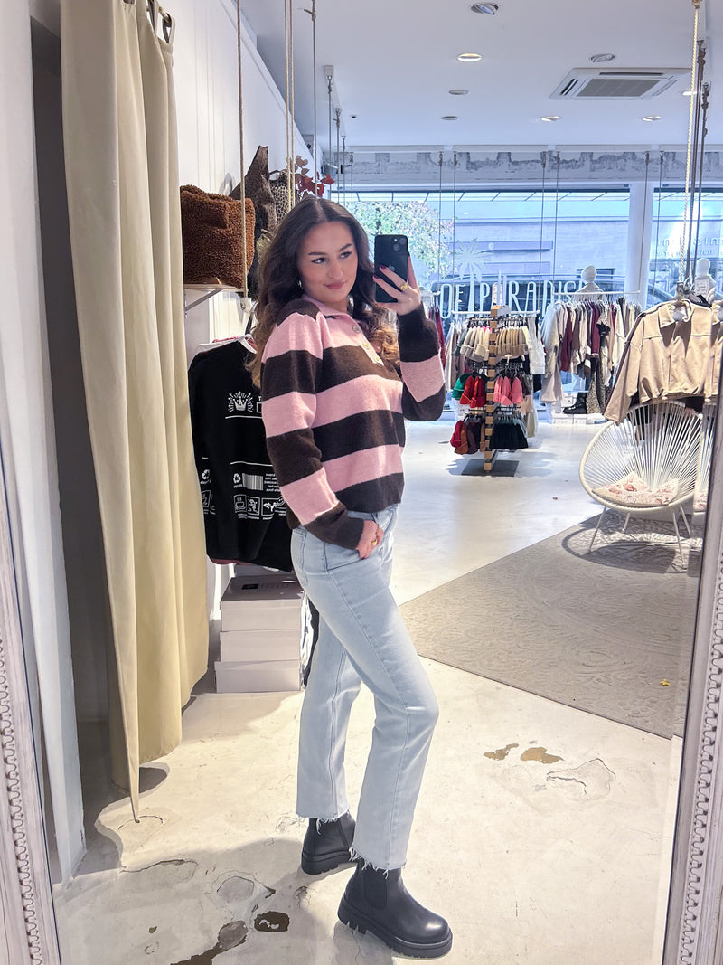 Gestreifter Strickpullover mit Kragen Braun/Rosa