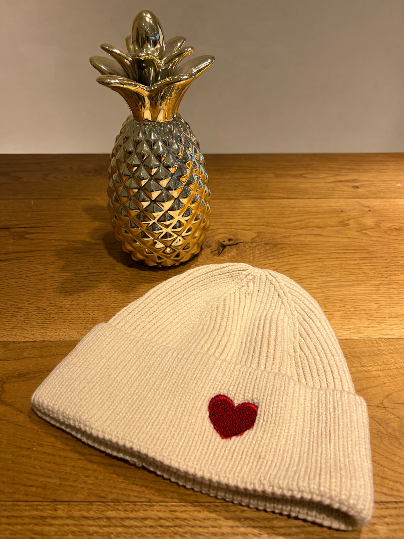 Heart Beanie Beige/Rot