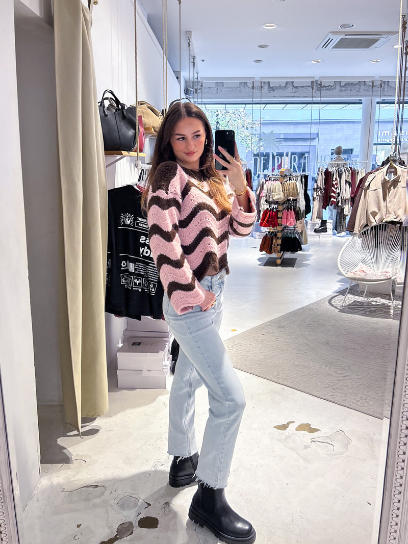 Strickpullover mit Wellenmuster Braun/Pink