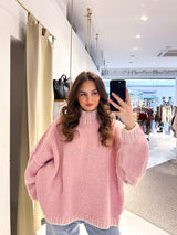 Oversized Strickpullover mit Stehkragen und farbigen Details Rosa