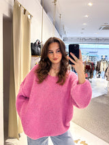 Oversized Strickpullover mit V-Ausschnitt Pink