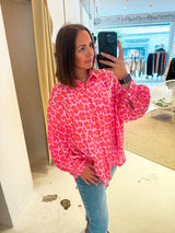 Kurze Waffle Bluse mit Leomuster Pink