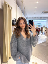 Oversized Strickpullover mit V-Ausschnitt Dunkelgrau