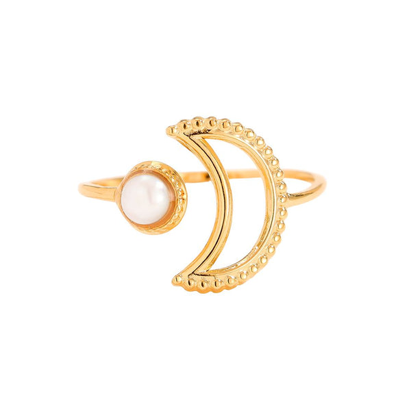 Moon And Pearl Edelstahl Ring Gold