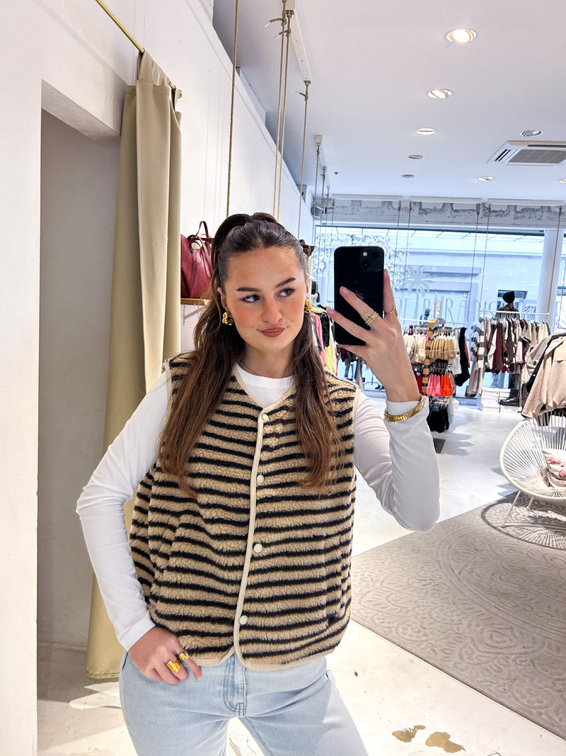 Kurze Teddy Weste mit Knopfleiste und Streifen Beige/Braun