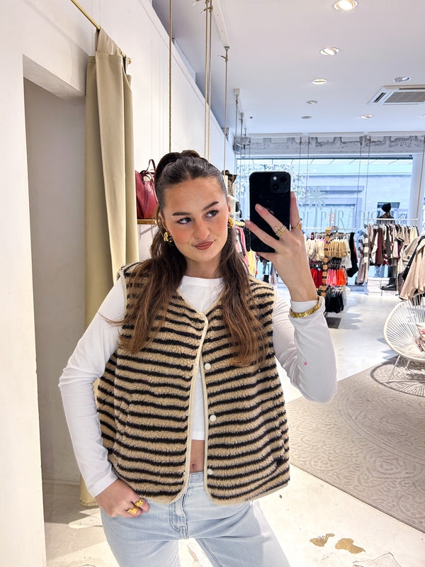 Kurze Teddy Weste mit Knopfleiste und Streifen Beige/Braun