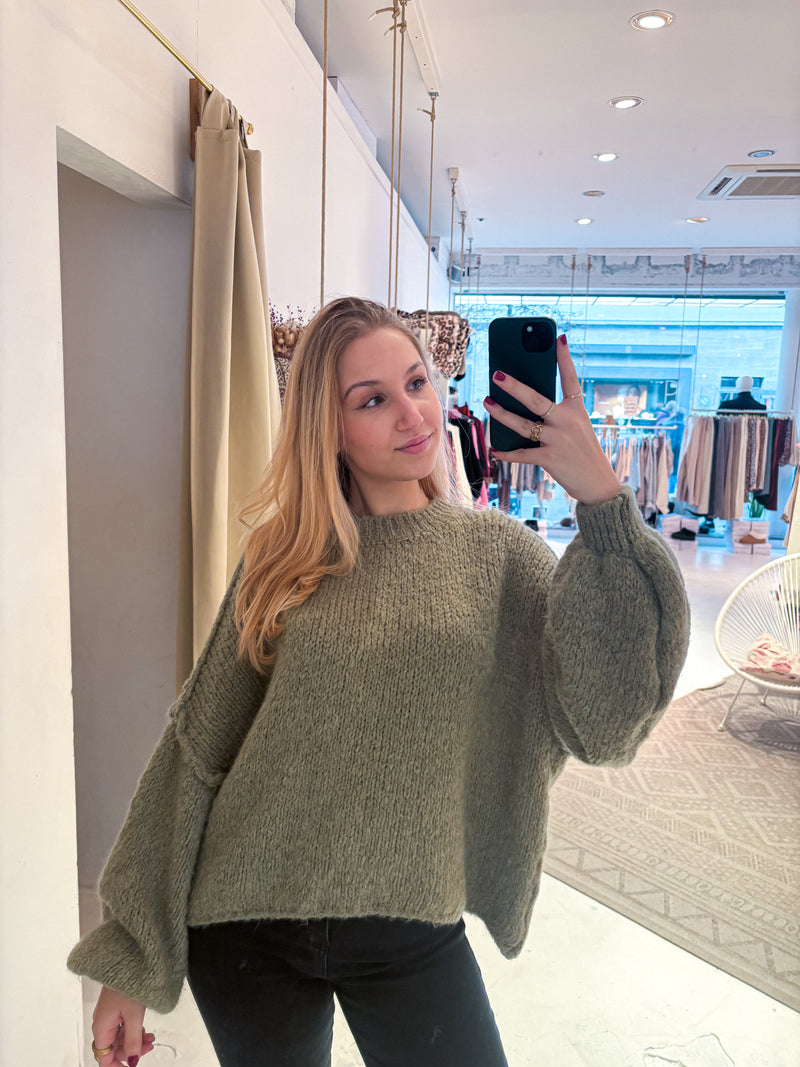 Cropped Oversized Strickpullover Olive