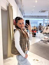 Kurze Teddy Weste mit Knopfleiste und Streifen Beige/Braun