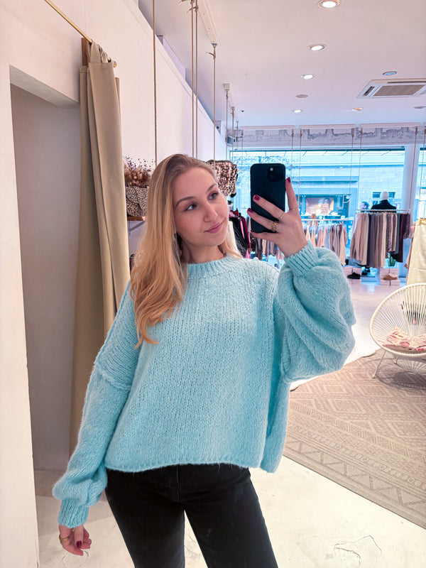 Cropped Oversized Strickpullover Hellblau