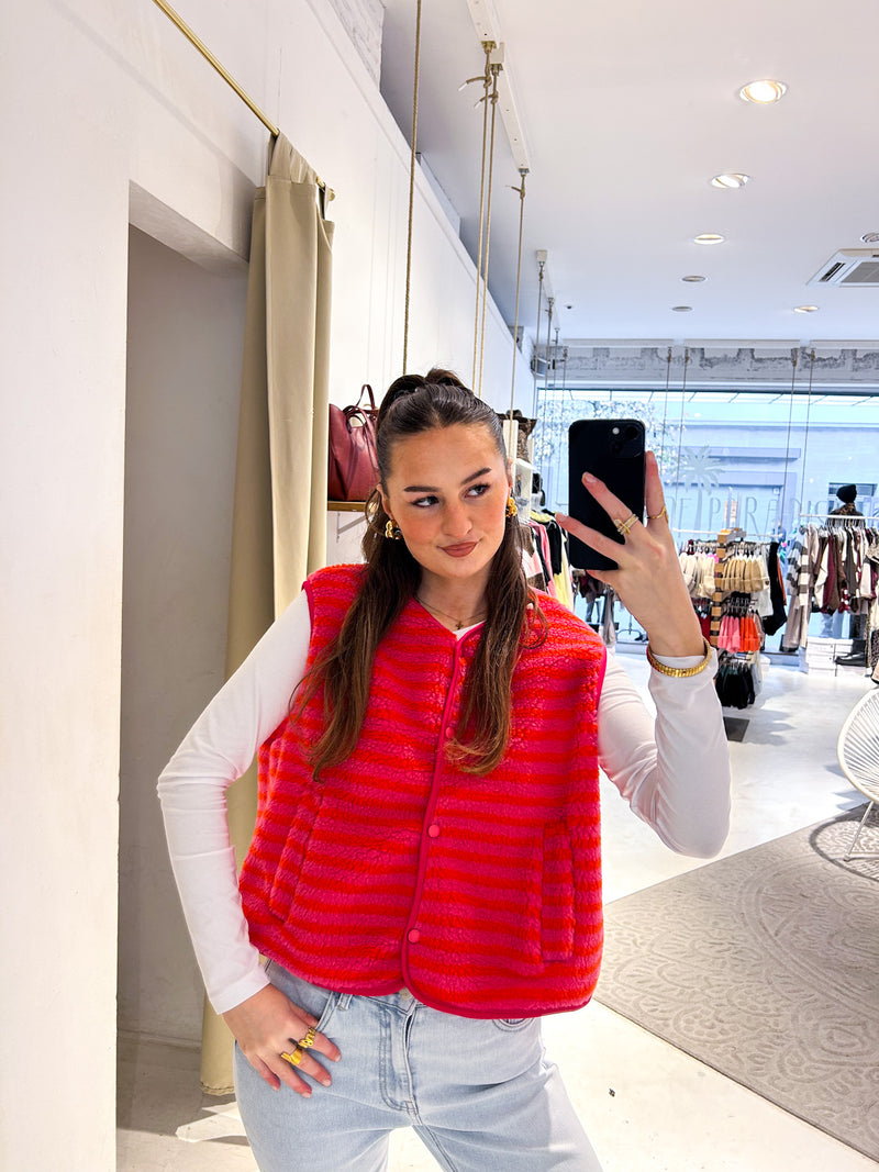 Kurze Teddy Weste mit Knopfleiste und Streifen Pink