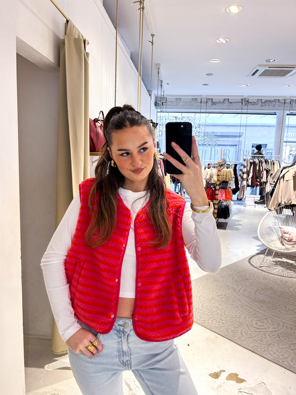 Kurze Teddy Weste mit Knopfleiste und Streifen Pink