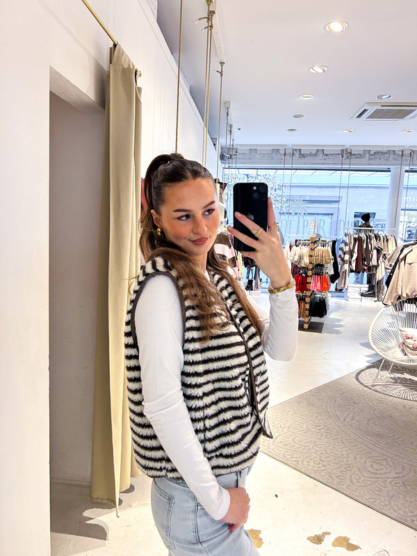 Kurze Teddy Weste mit Knopfleiste und Streifen Creme/Braun