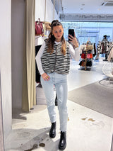 Kurze Teddy Weste mit Knopfleiste und Streifen Creme/Braun