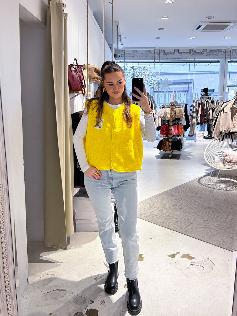 Kurze Teddy Weste mit Knopfleiste und Smiley Gelb