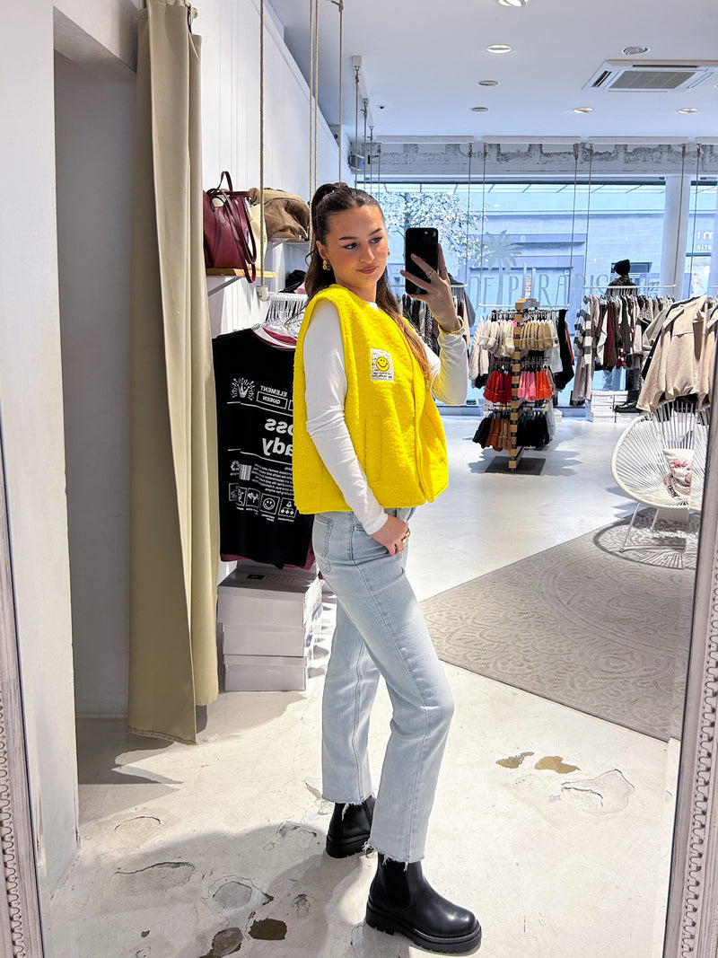 Kurze Teddy Weste mit Knopfleiste und Smiley Gelb