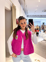 Kurze Teddy Weste mit Knopfleiste und Smiley Pink