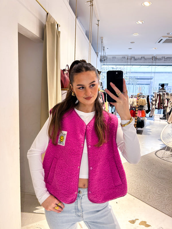 Kurze Teddy Weste mit Knopfleiste und Smiley Pink