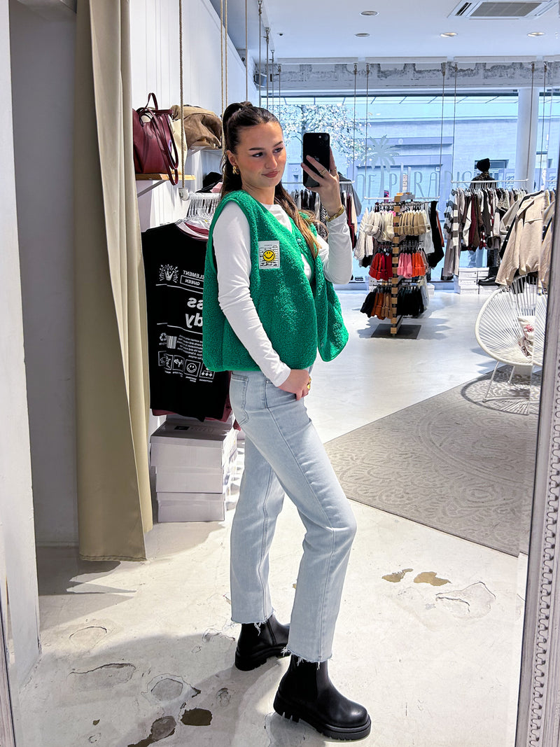 Kurze Teddy Weste mit Knopfleiste und Smiley Grün