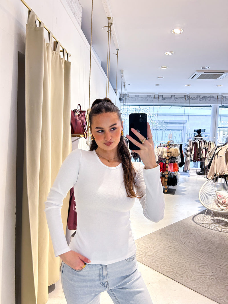 Ribbed Langarm Shirt Weiß
